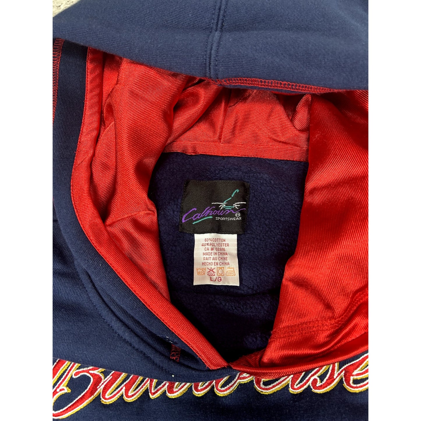 Vintage Budweiser Embroidered Logo Hooded Sweatshirt Size Large Blue