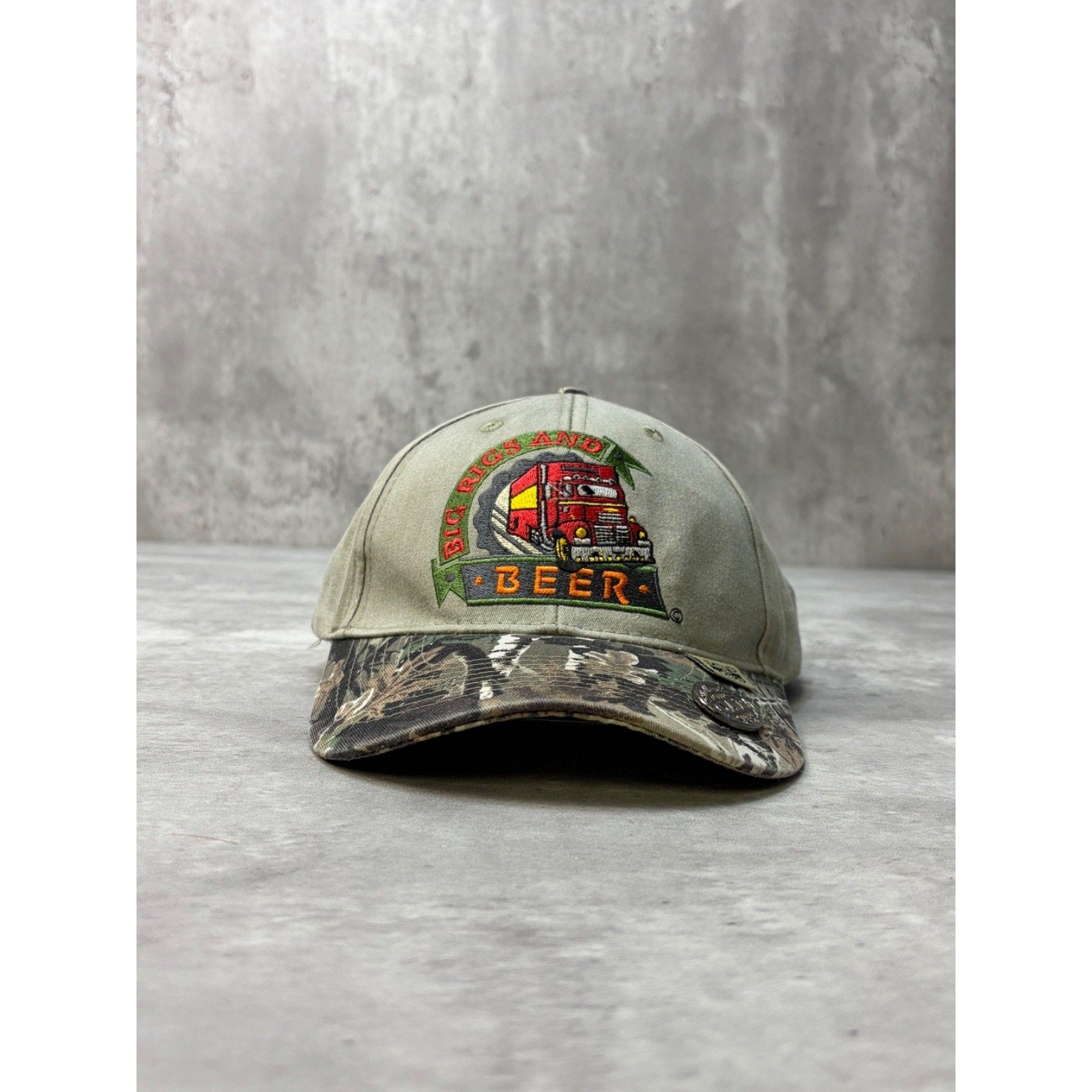 Vintage Big Rigs & Beer Embroidered Logo Bottle Opener Camo Strapback Hat OSFA