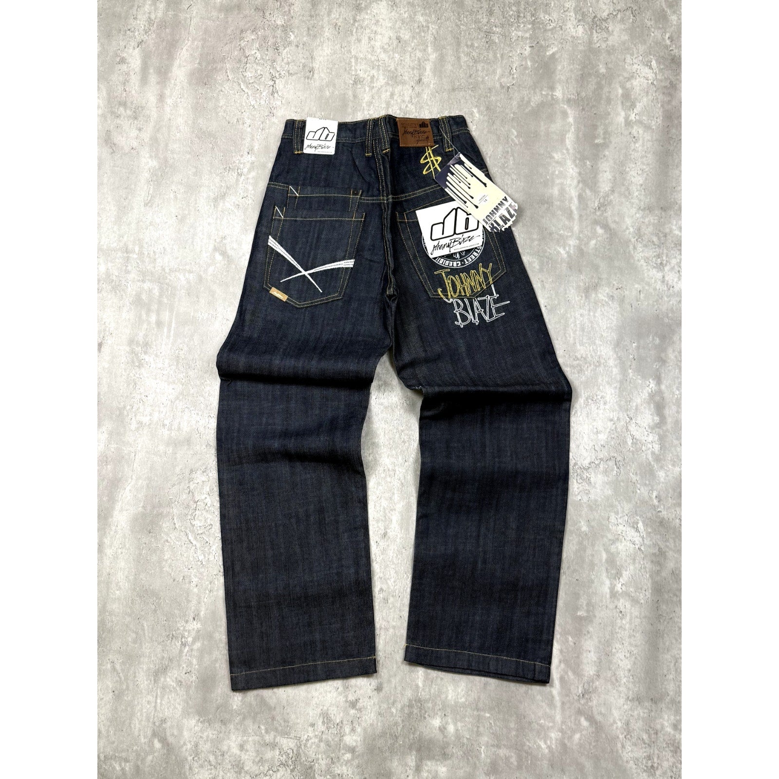 Vintage Y2K Womens Johnny Blaze Embroidered Crest Dark Wash Denim Pants