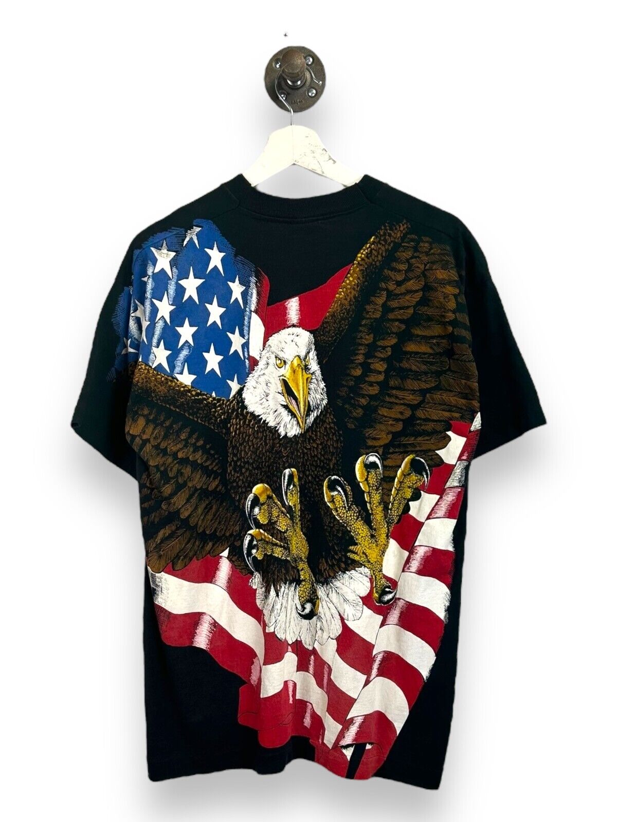 Vintage 90s Bald Eagle American Flag AOP Graphic T-Shirt Size Large