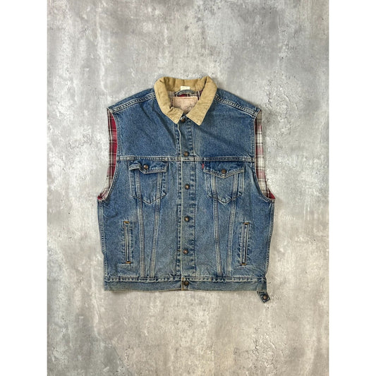 Vintage Levis Red Tab Plaid Lined Medium Wash Denim Vest Size Large