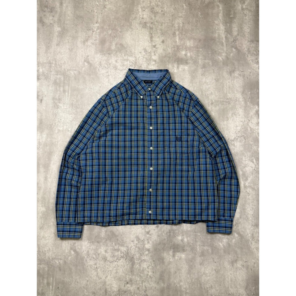 Vintage Chaps Embroidered Crest Plaid Cropped Button Up Shirt Size Large
