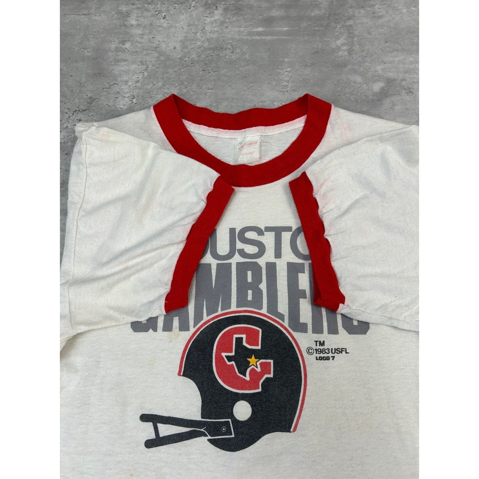 Vintage 1983 Houston Gamblers USFL Football Graphic Ringer T-Shirt Size Large