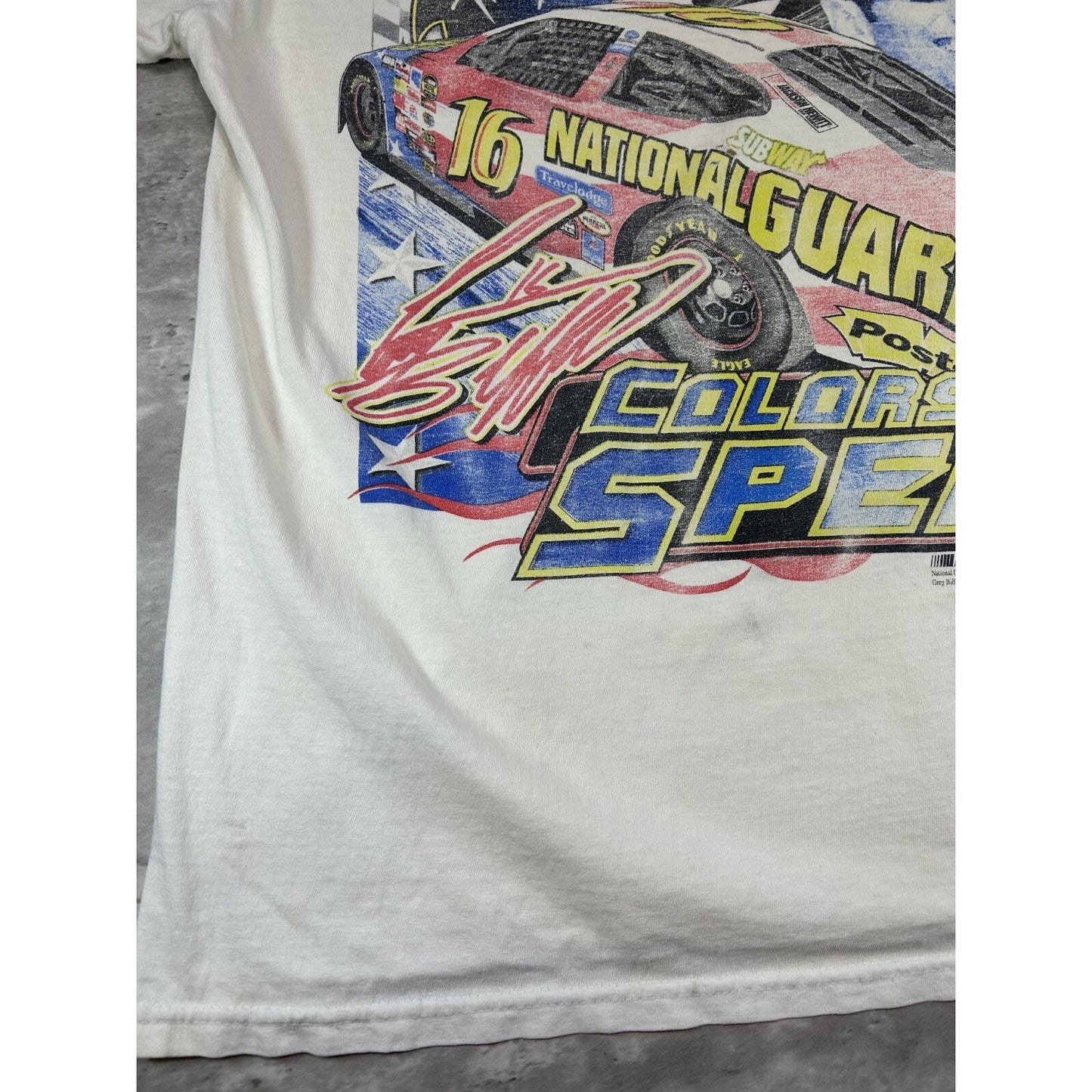 Vintage Greg Biffle #16 Colours Of Speed Nascar Racing T-Shirt Size Large White