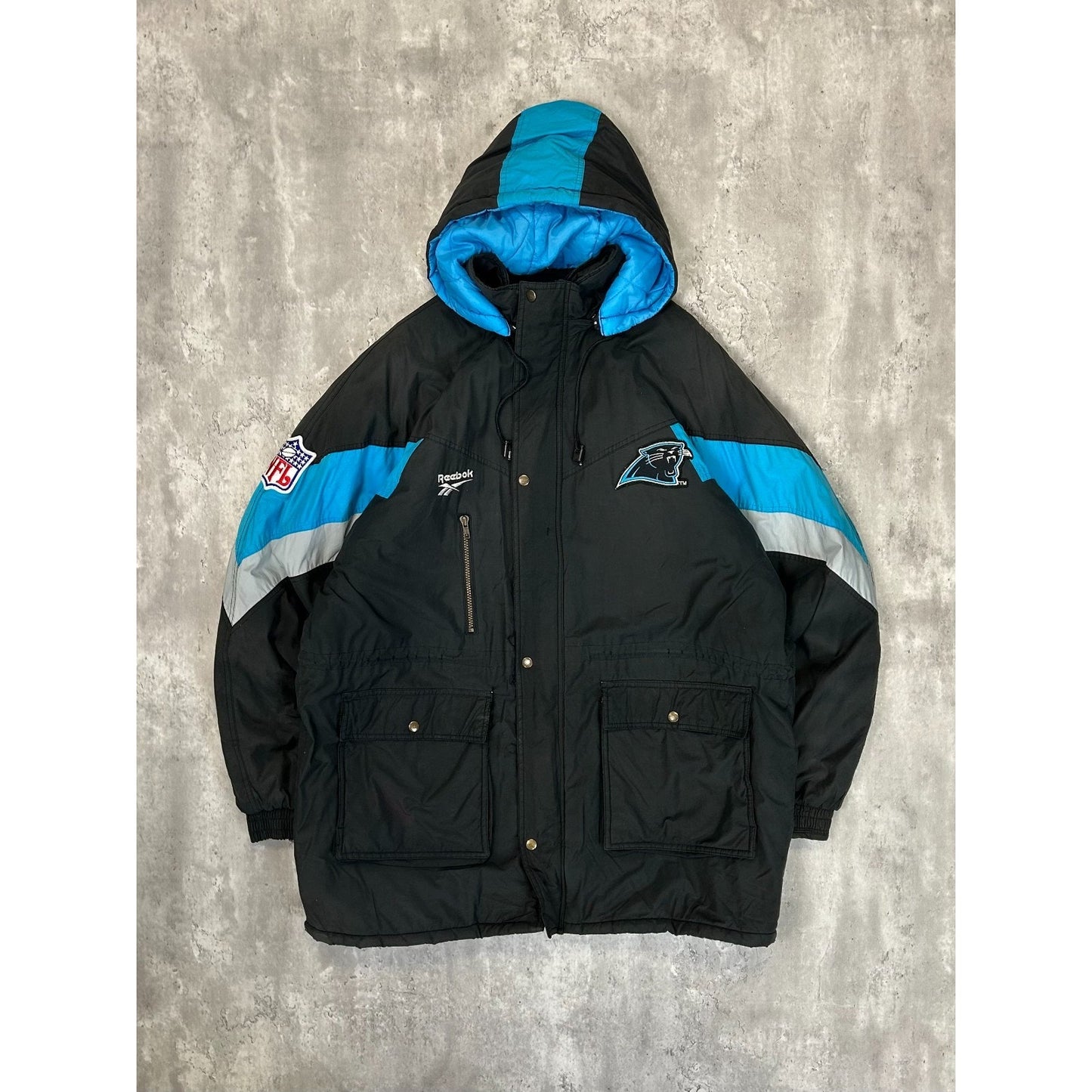 Vintage 90s Carolina Panthers NFL Reebok Insulated Long Jacket Jacket Size XL