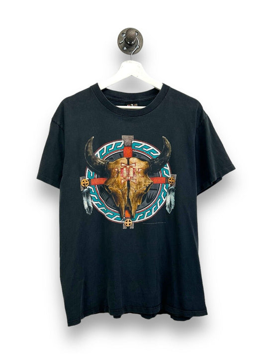 Vintage 1996 3D Emblem Bull Skull Native Graphic T-Shirt Size Large Black