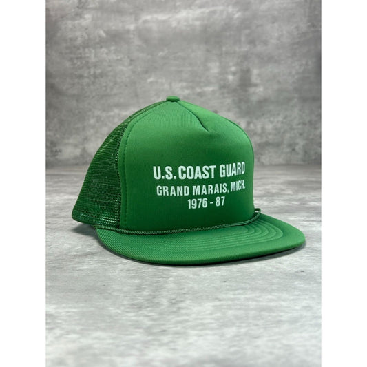 Vintage 1987 US Coast Guard Graphic Spellout Trucker Snapback Hat OSFA Green