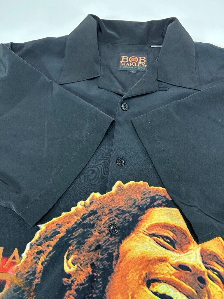 Bob Marley Big Wraparound Graphic Short Sleeve Button Up Shirt Size Large Black