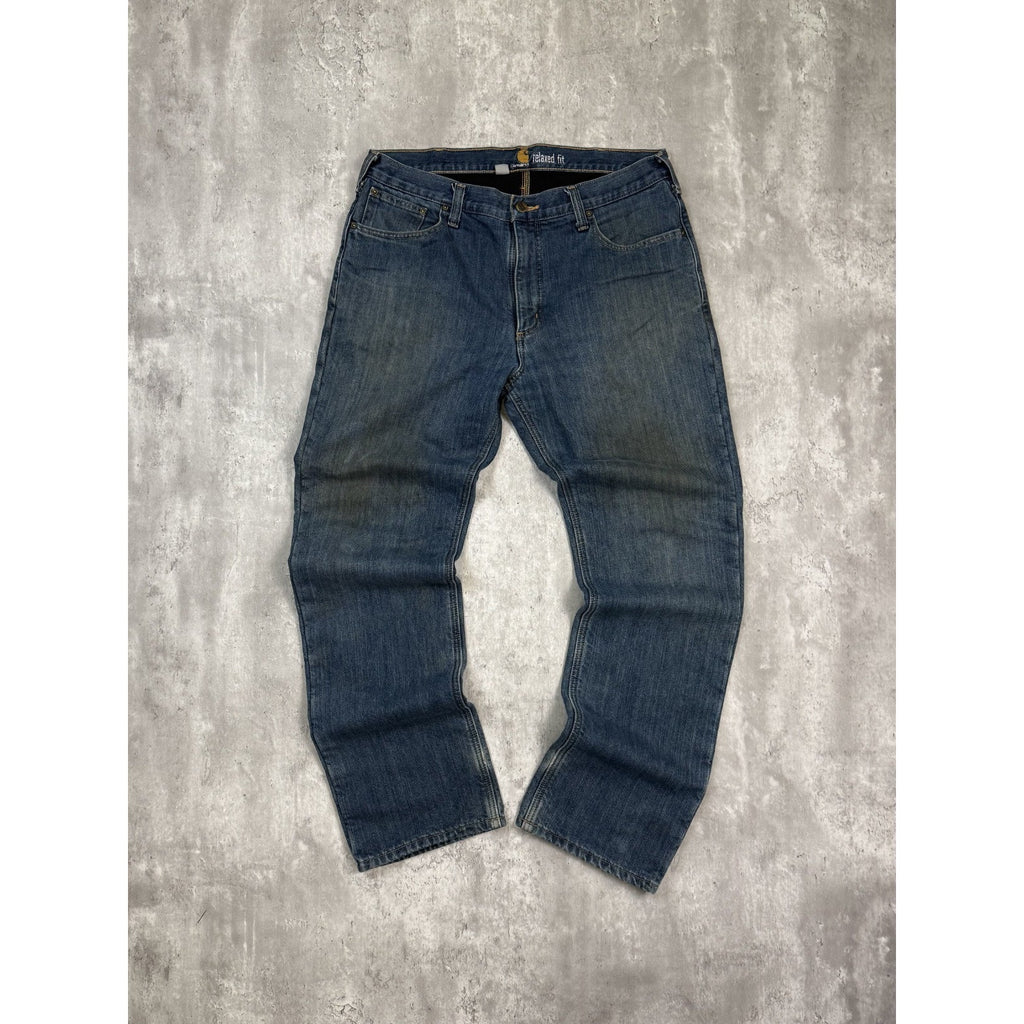 Carhartt Relaxed Fit Fleece Lined Dark Wash Workwear Denim Pants Size 37 Blue