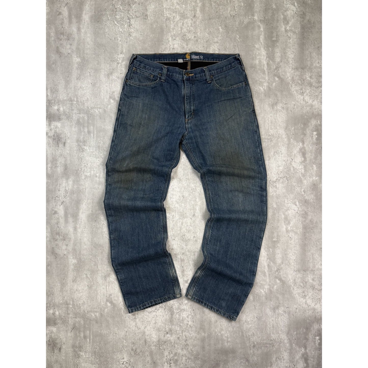 Carhartt Relaxed Fit Fleece Lined Dark Wash Workwear Denim Pants Size 37 Blue