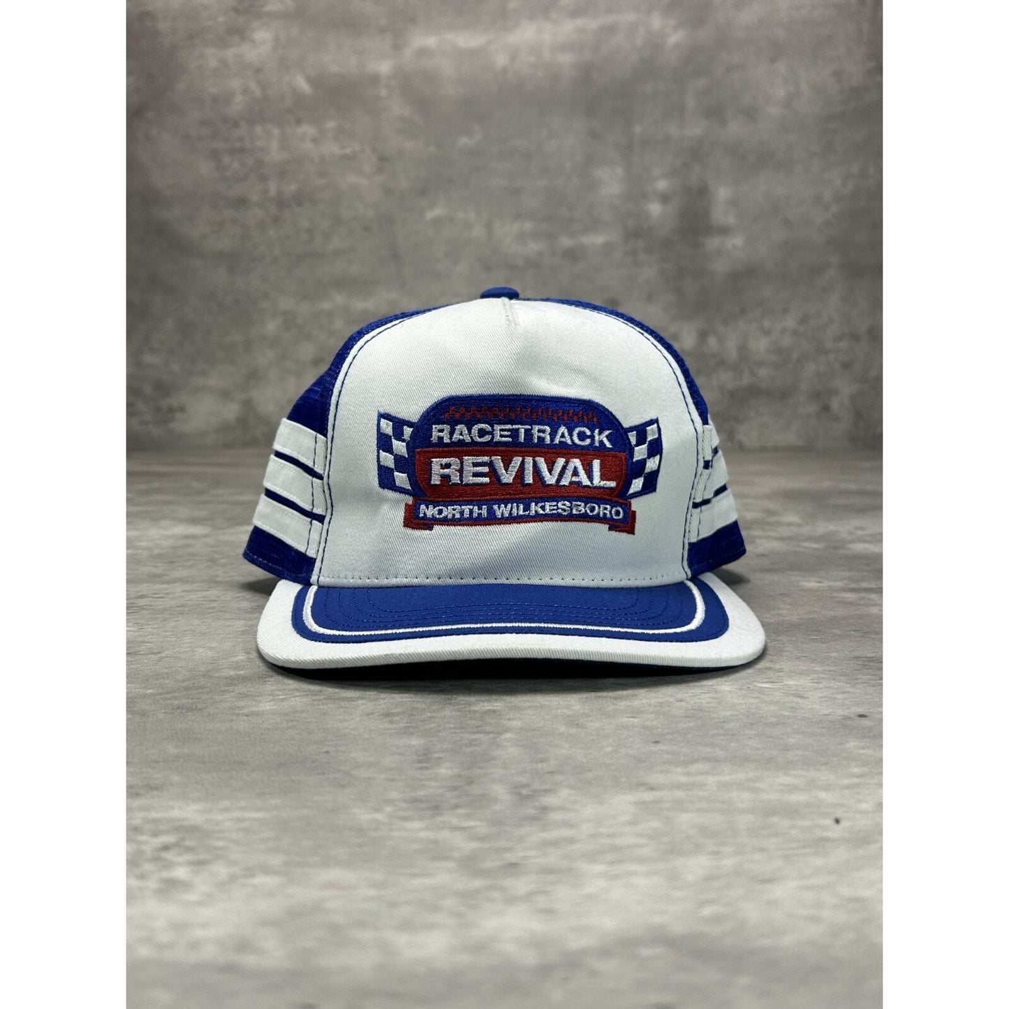 Vintage 90s Racetrack Revival Embroidered Three Stripe Trucker Snapback Hat OSFA
