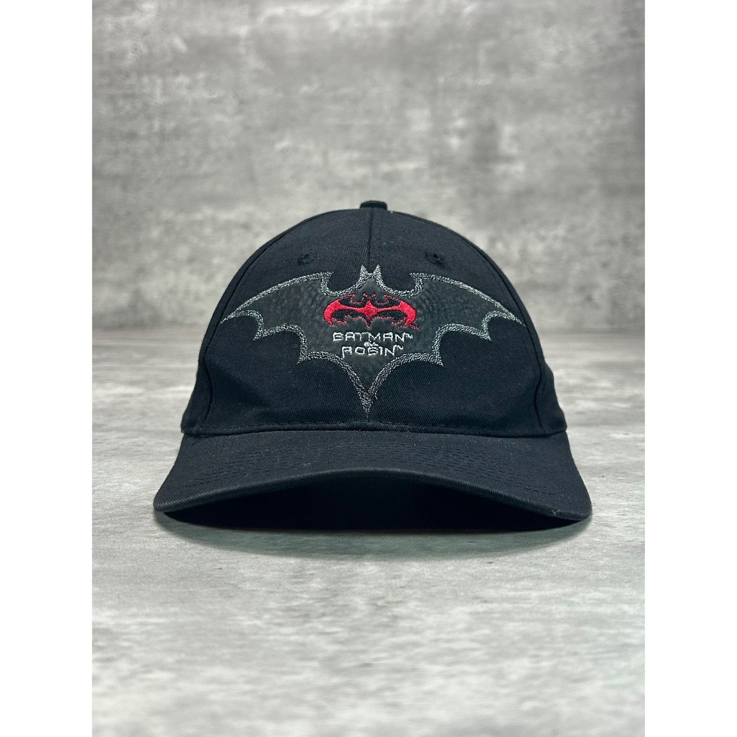 Vintage 1997 Batman & Robin Embroidered Movie Spellout Snapback Hat OSFA