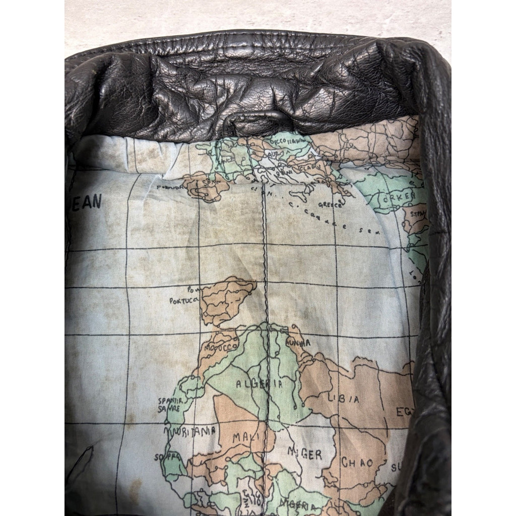Vintage Leather Globe Pattern Lined Full Zip Bomber Jacket Size XL