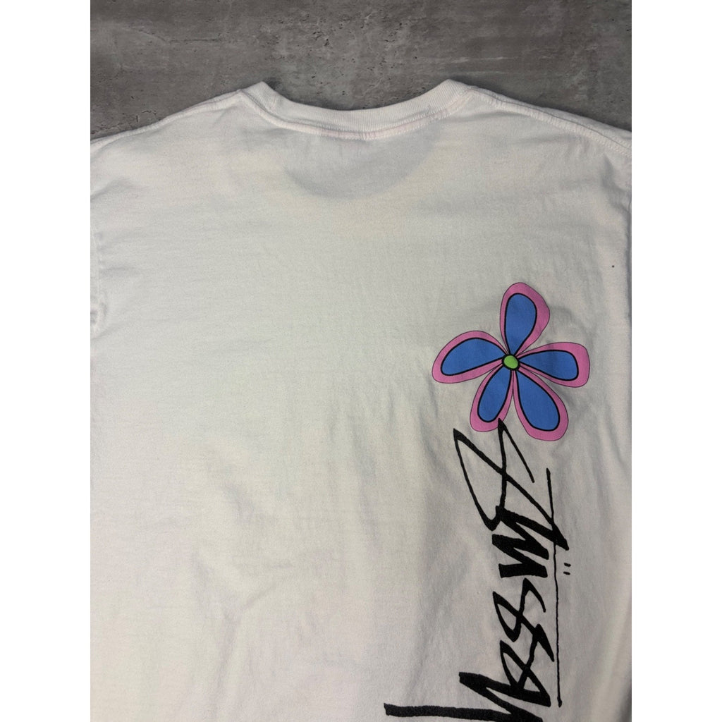 Stussy Spellout Flower Graphic White T-Shirt Size Large