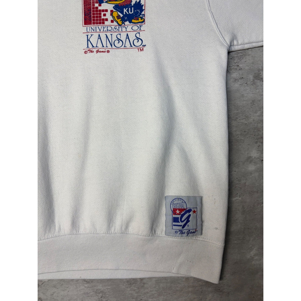 90s University Of Kansas NCAA Mascot Graphic Spellout Sweatshirt Size Large