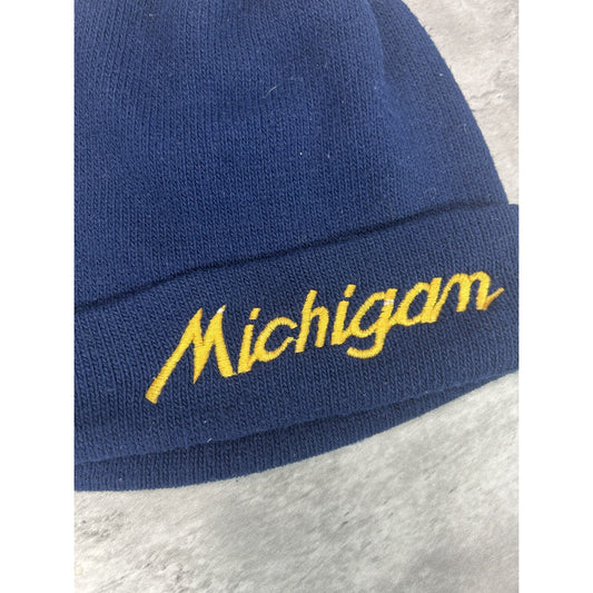 Vintage 90s Michigan Wolverines NCAA Script Spellout Beanie Hat OSFA Blue