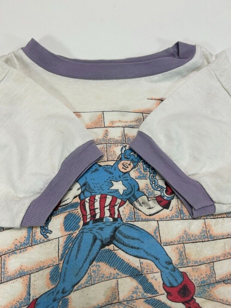 Vintage 1977 Captain America Marvel Super Hero Graphic Ringer T-Shirt Size XS