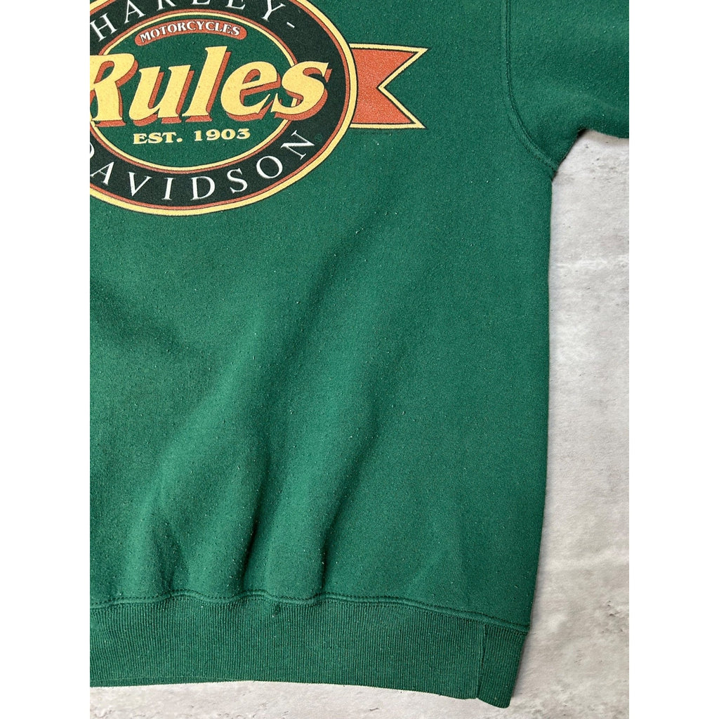 Vintage 90s Harley Davidson Rules Spellout Graphic Green Sweatshirt Size Large