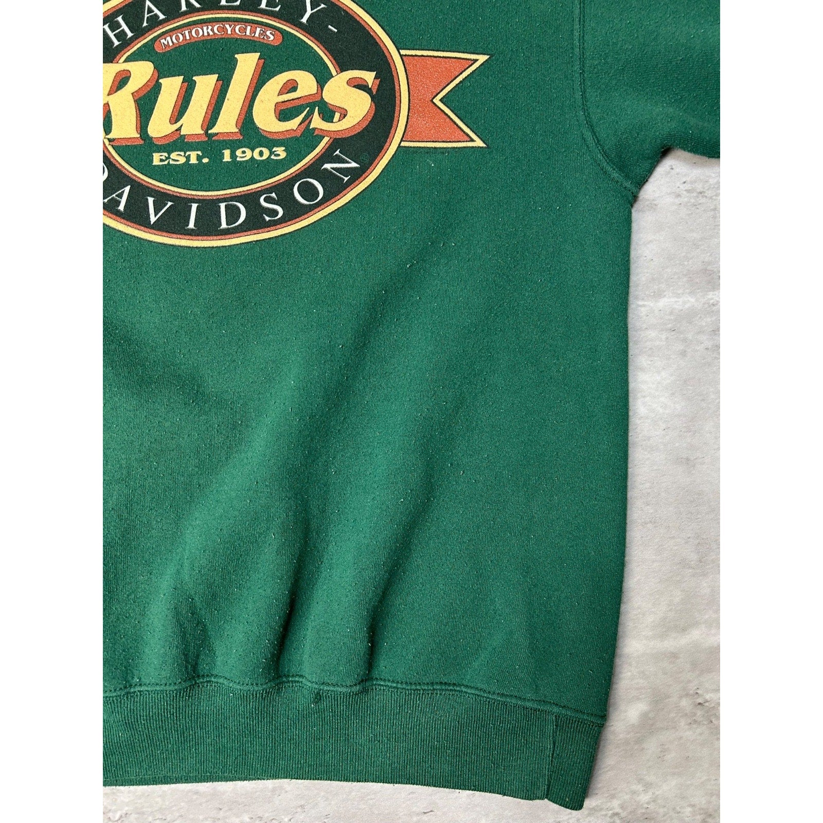 Vintage 90s Harley Davidson Rules Spellout Graphic Green Sweatshirt Size Large