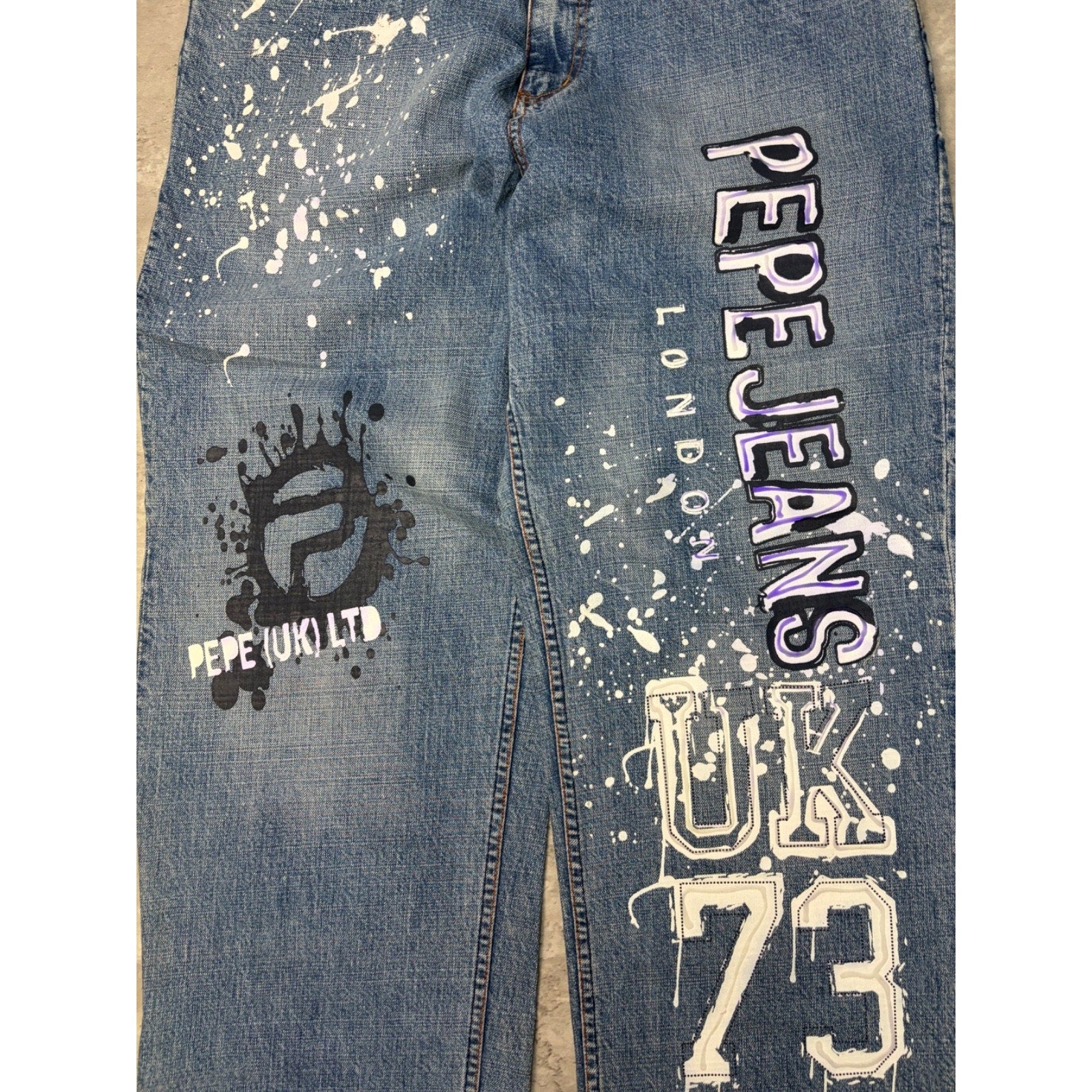 Vintage Y2K Pepe Jeans Paint Splatter Spellout Medium Wash Denim Pants Sz 38x33