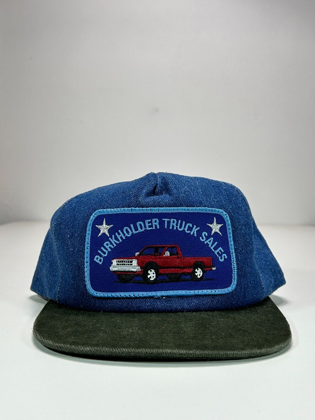 Vintage 80s Burkholder Truck Sales Embroidered Patch Snapback Hat OSFA Denim