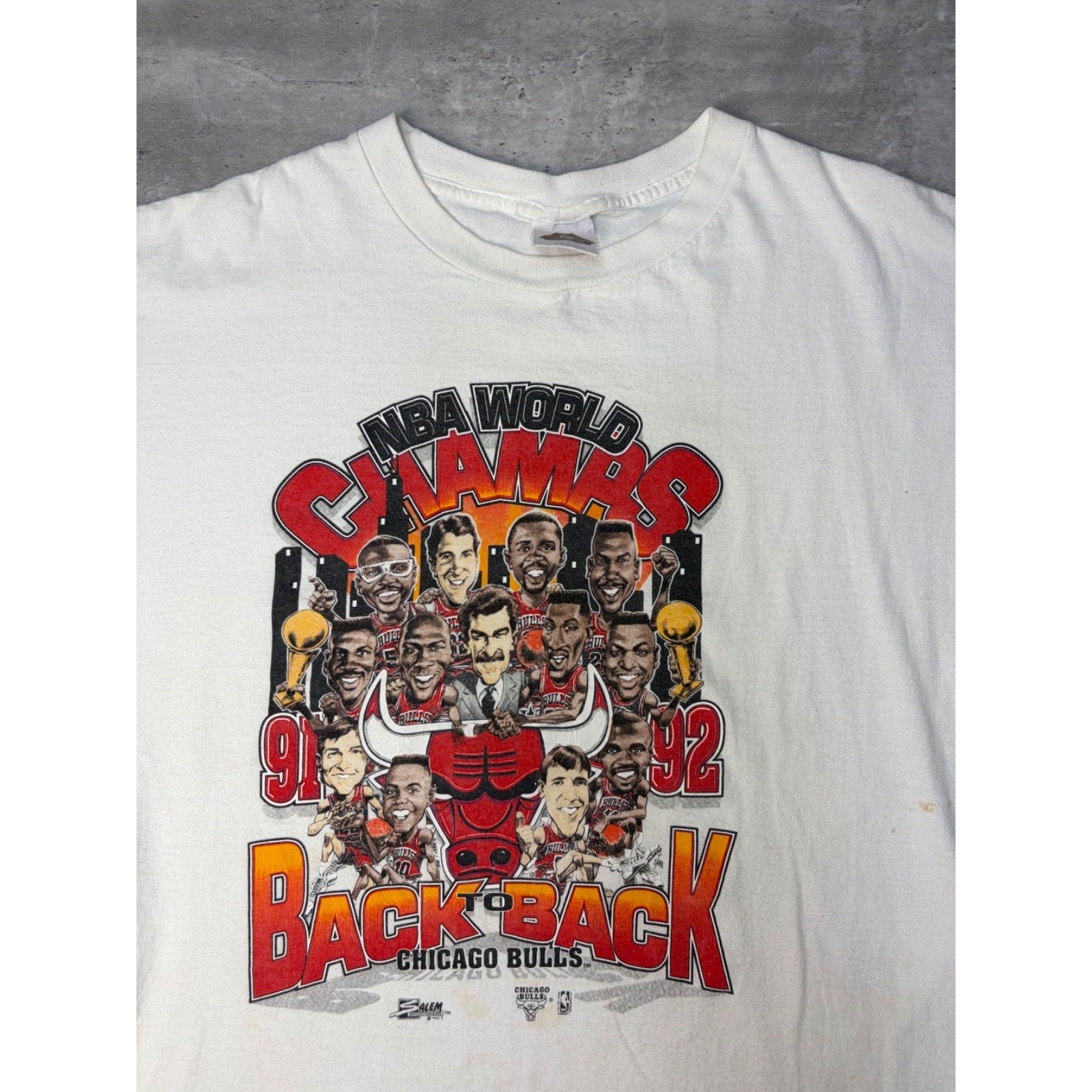 1992 Chicago Bulls NBA Back To Back World Champs Caricature T-Shirt Size XL