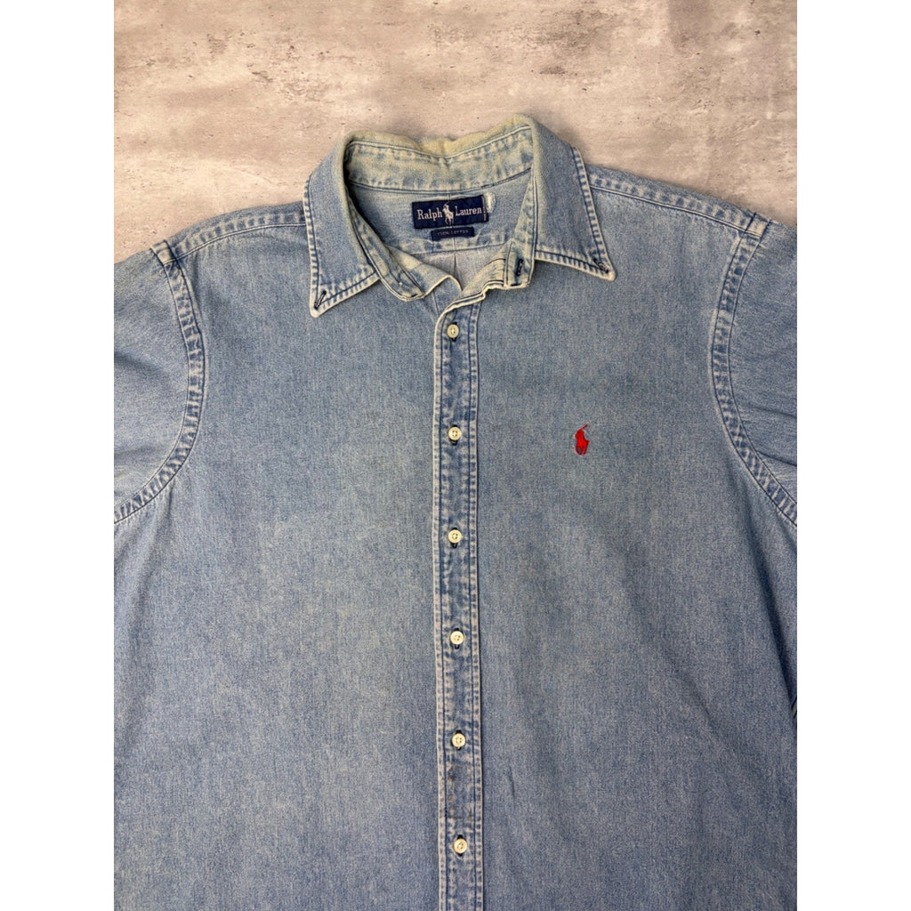 Vintage Polo Ralphh Lauren Embroidered Pony Light Wash Button Up Shirt Size XL