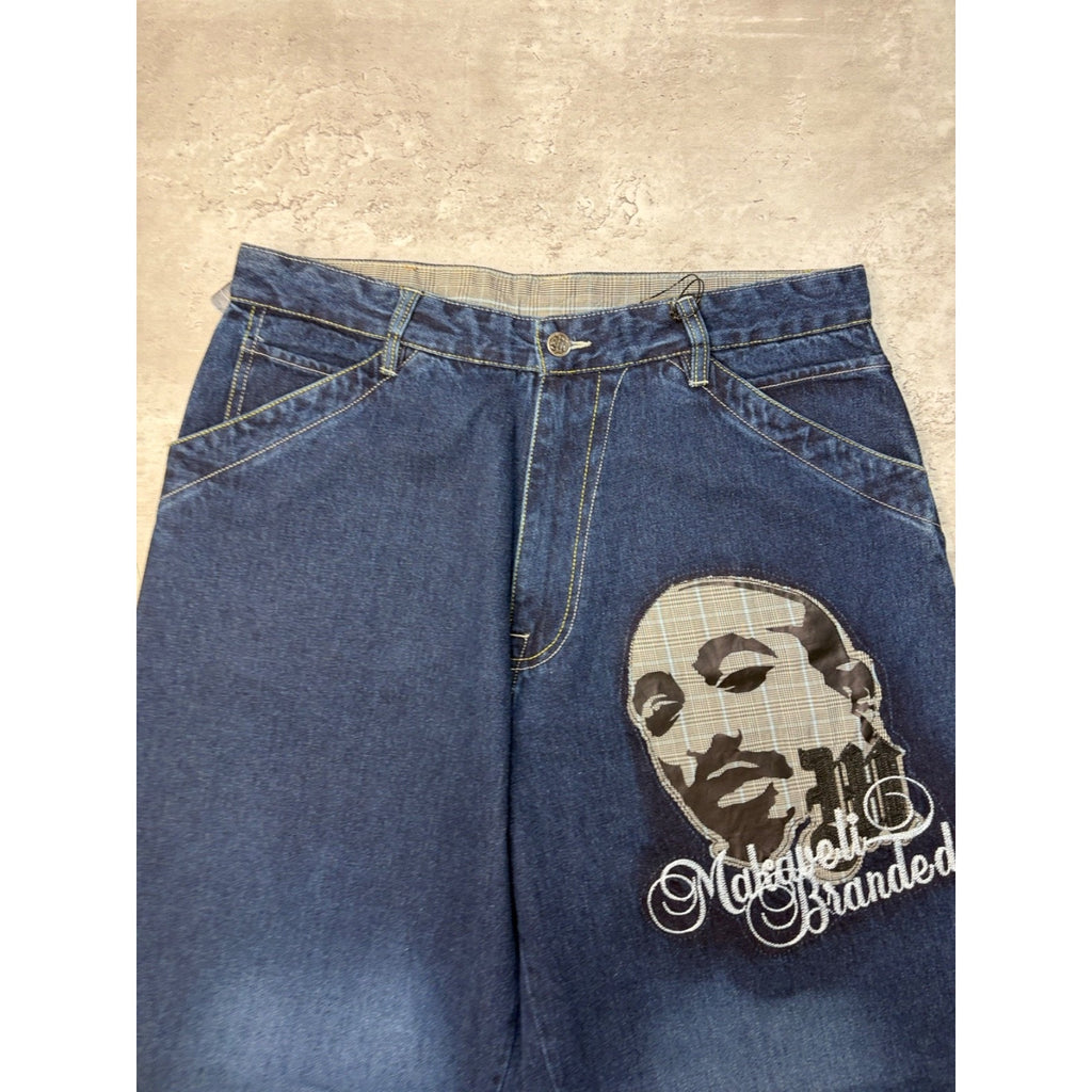 Vintage Y2K Makaveli Plaid Pocket Embroidered Dark Wash Denim Pants