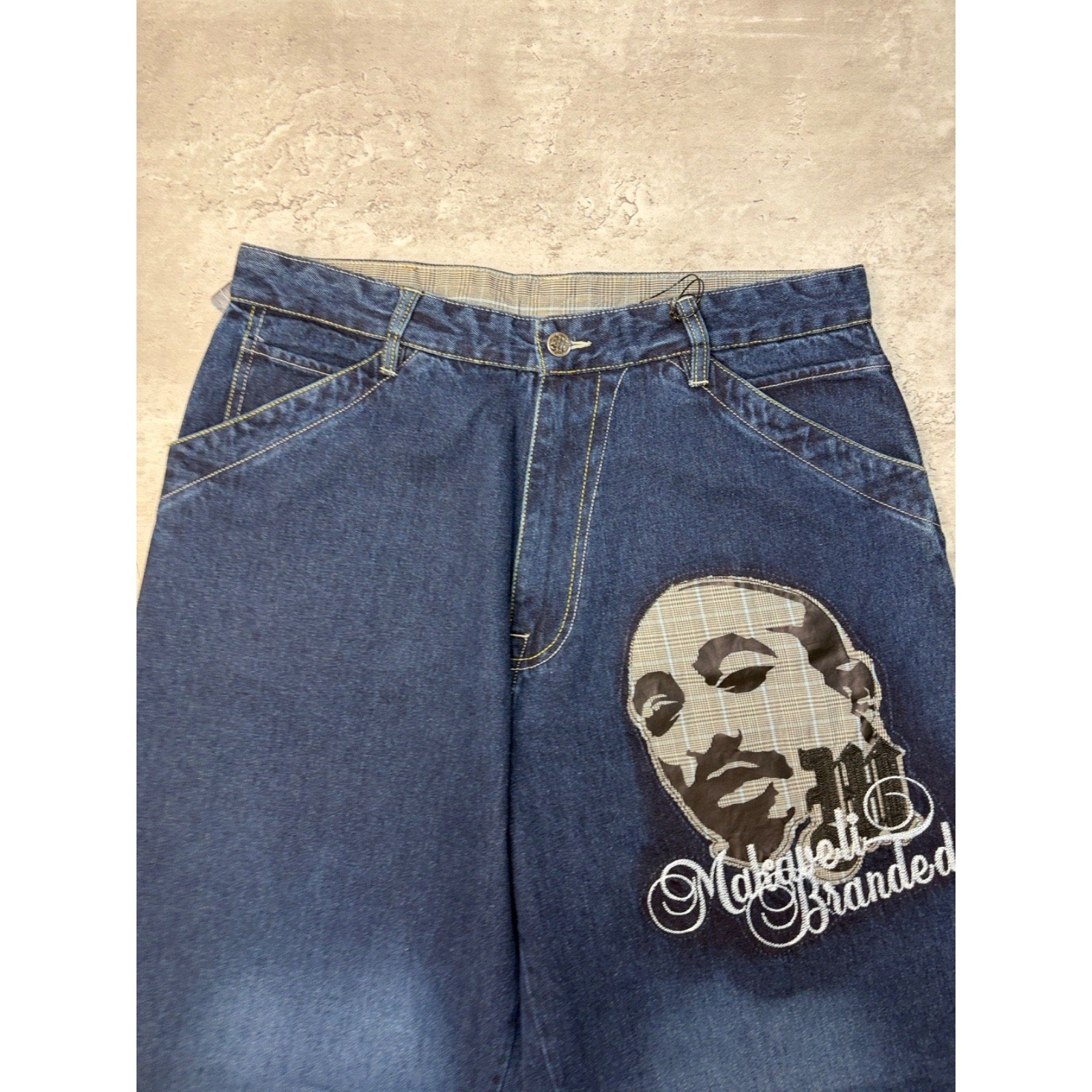 Vintage Y2K Makaveli Plaid Pocket Embroidered Dark Wash Denim Pants