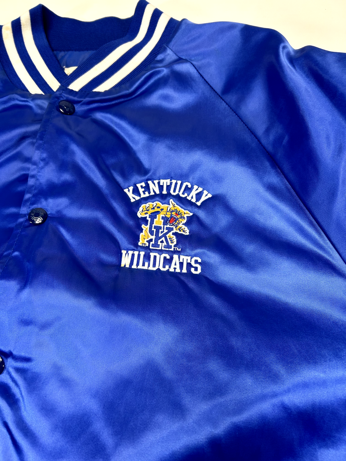 Vintage 80s Kentucky Wildcats NCAA Satin Varsity Bomber Jacket Size 2XL Blue