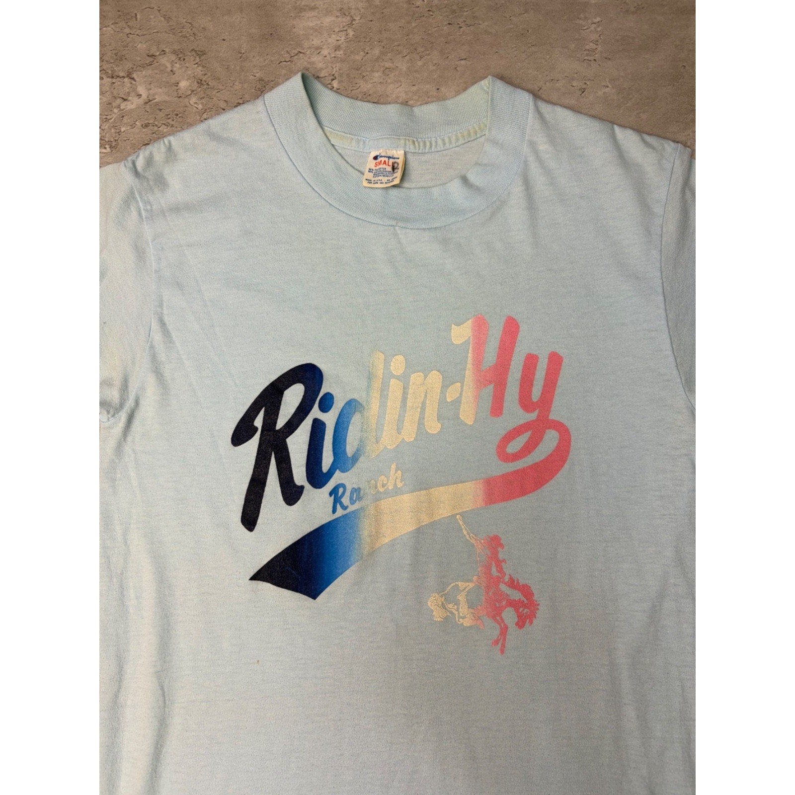 Vintage 80s Ridin-Hy Ranch Gradient Script Spellout T-Shirt Size Small
