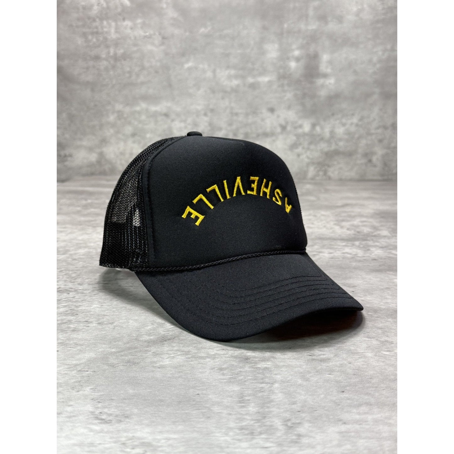 Ashville Upside Down Spellout Embroidered Trucker Snapback Hat OSFA