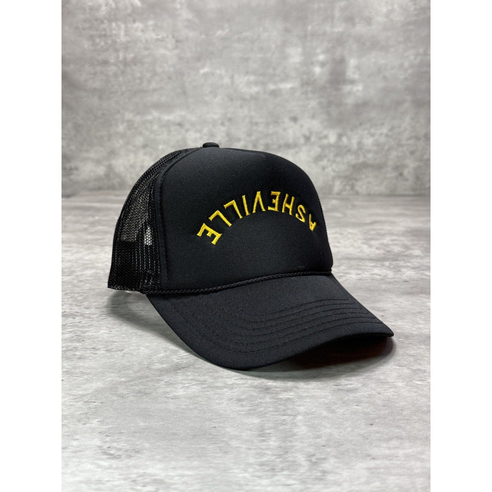 Ashville Upside Down Spellout Embroidered Trucker Snapback Hat OSFA
