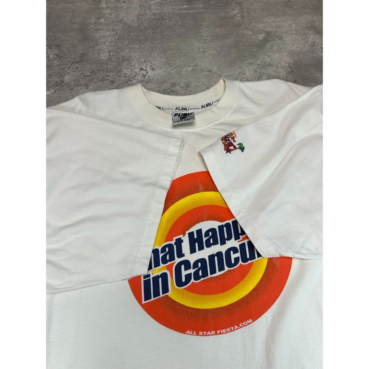 Vintage Y2K Fubu What Happens In Cancun Spellout Graphic T-Shirt Size XL