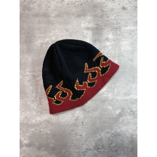 Vintage Graphic Flame Print Beanie Hat OSFA Black/Red