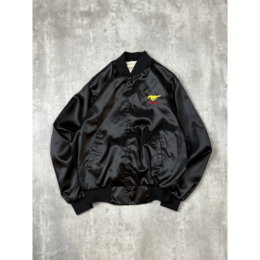 Vintage 80s Ford Mustang Embroidered Logo Satin Bomber Jacket Size Medium Black