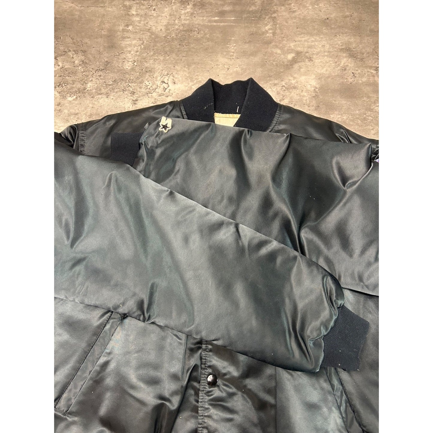 Vintage 90s Oakland Raiders NFL Starter Satin Bomber Jacket Size Large Black