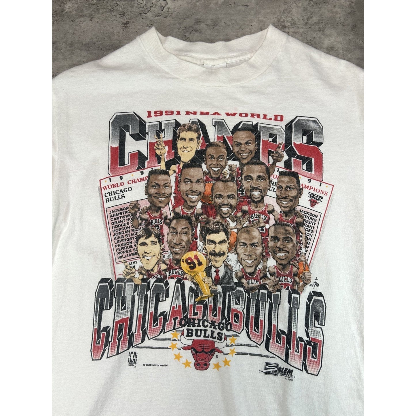 Vintage 1991 Chicago Bulls NBA World Champs Caricature Graphic T-Shirt Sz Medium