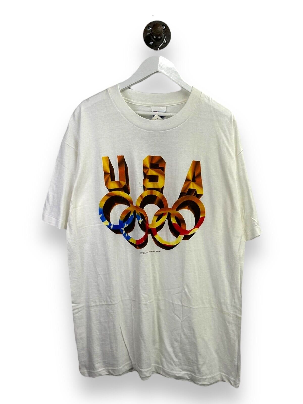 Vintage 90s USA Olympics Gold Rings Graphics T-Shirt Size XL White