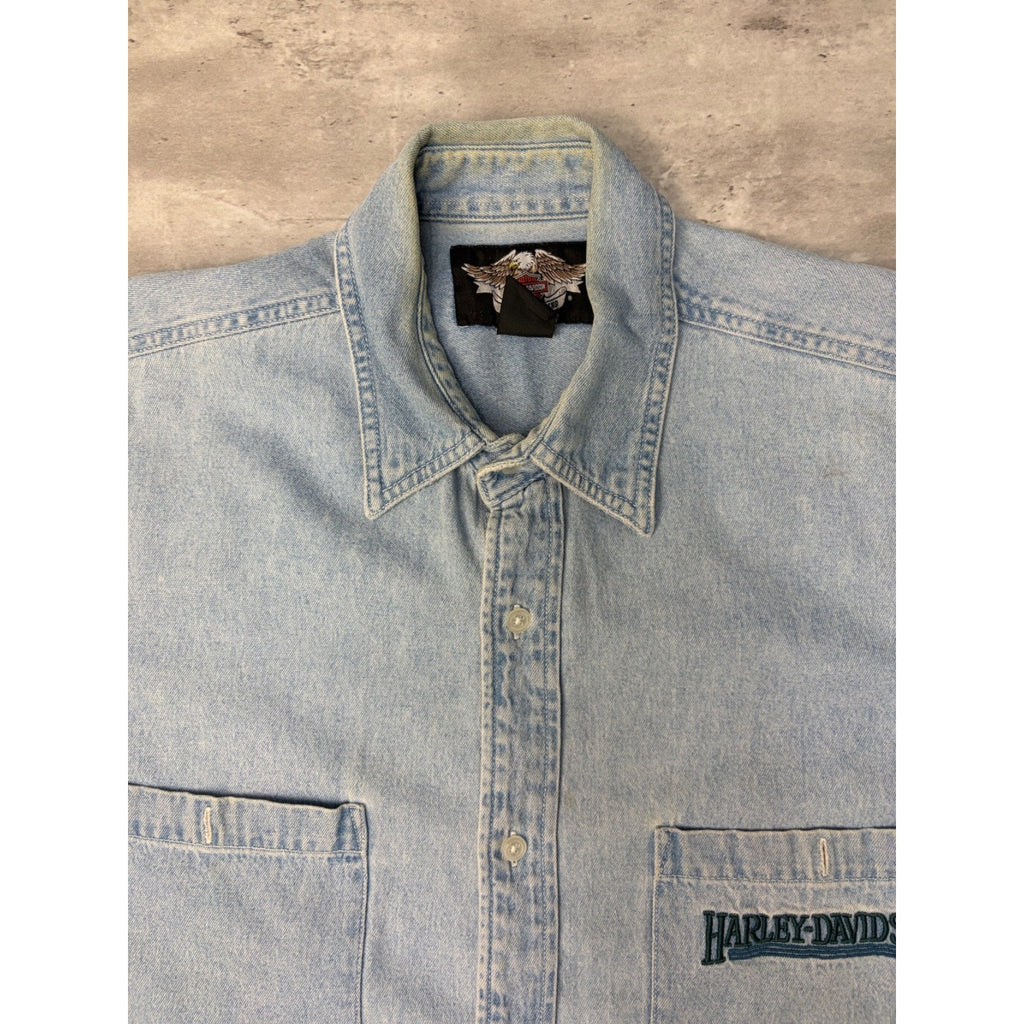Vintage Harley Davidson Embroidered Light Wash Denim Button Up Shirt Size Large