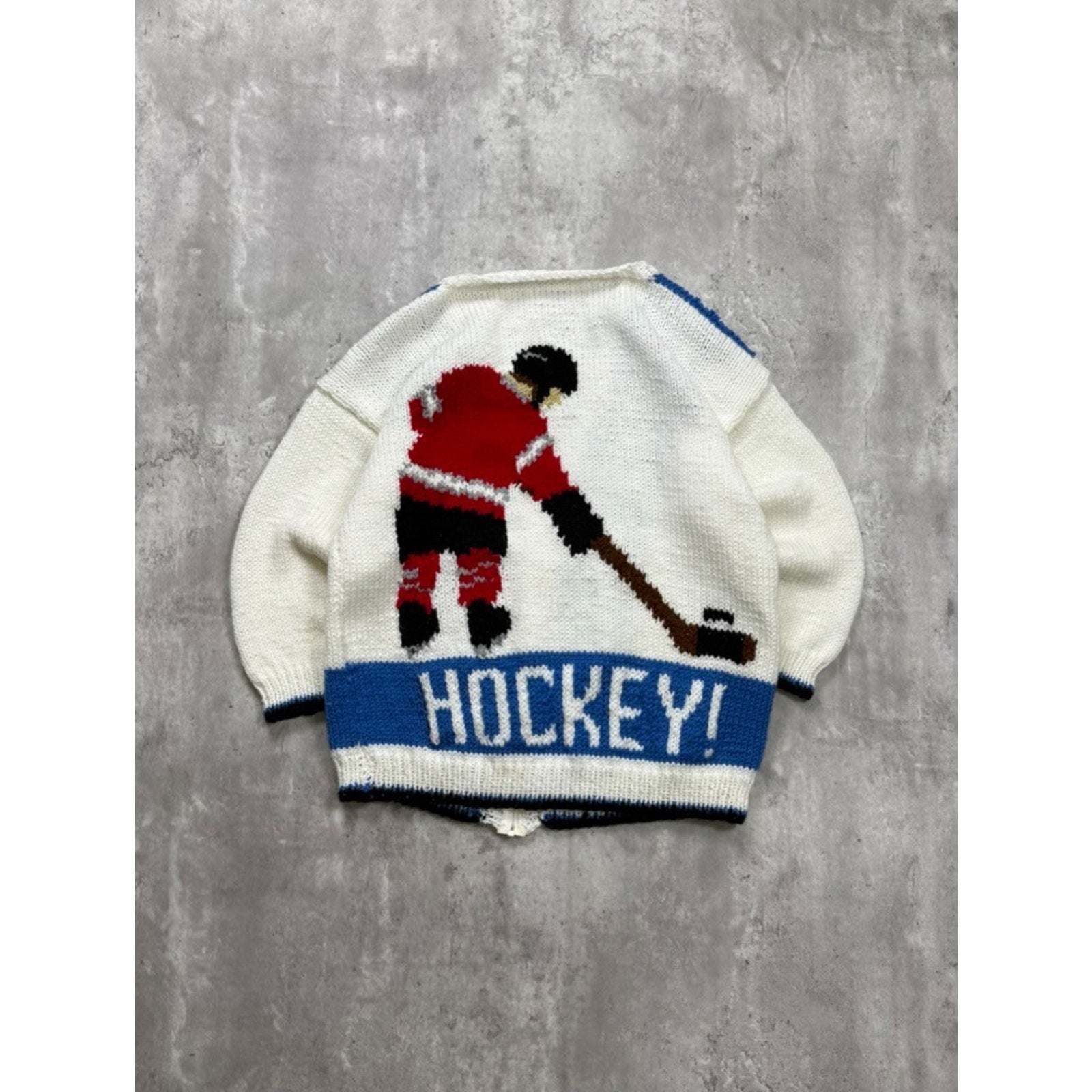 1970s He Shoots He Scores Hockey Graphic Knit Cardigan Sweater Size Medium
