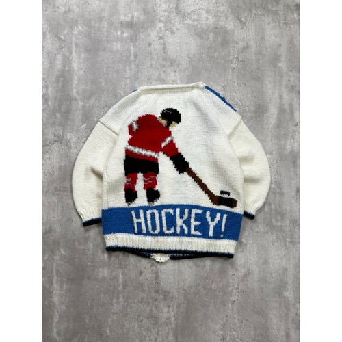 1970s He Shoots He Scores Hockey Graphic Knit Cardigan Sweater Size Medium