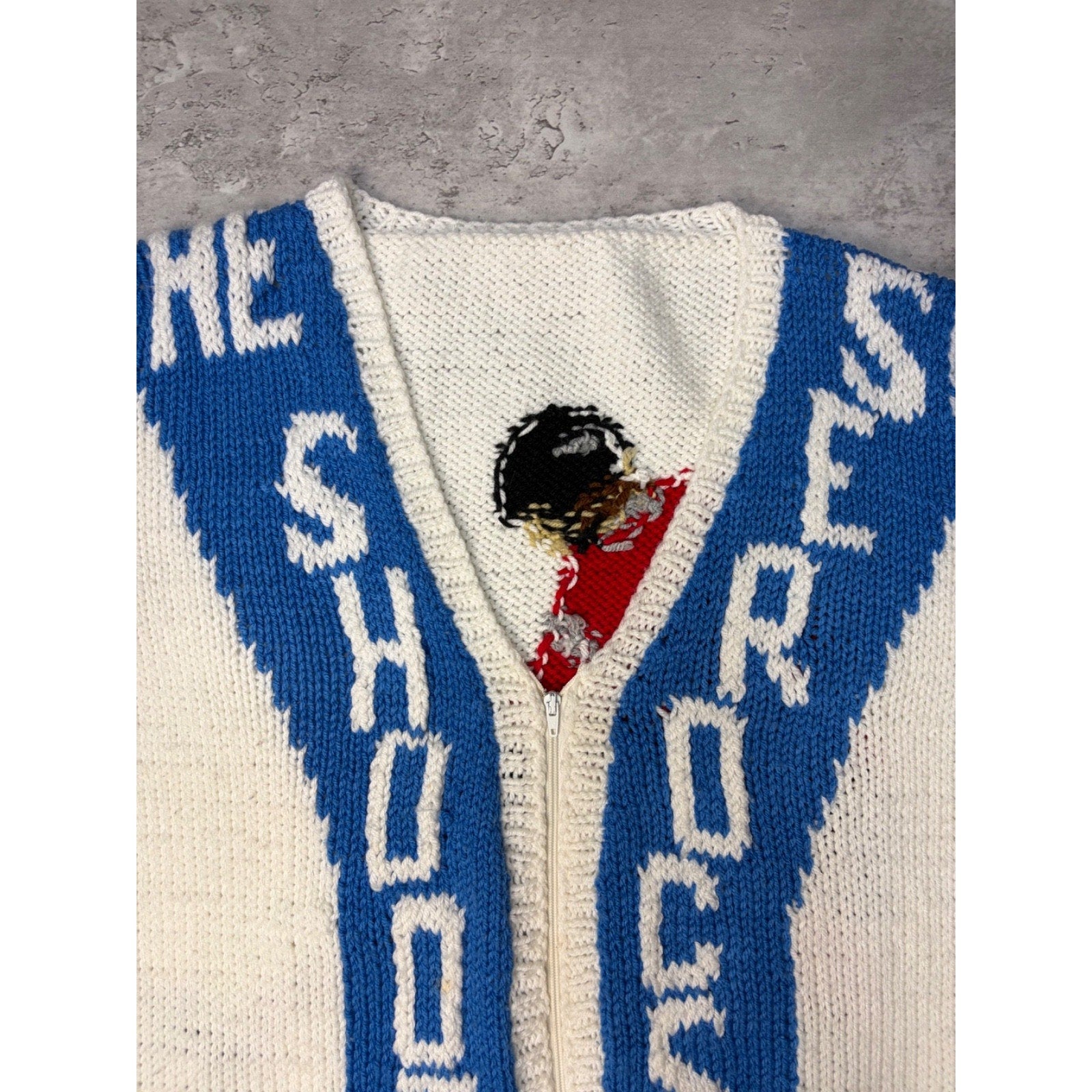 1970s He Shoots He Scores Hockey Graphic Knit Cardigan Sweater Size Medium