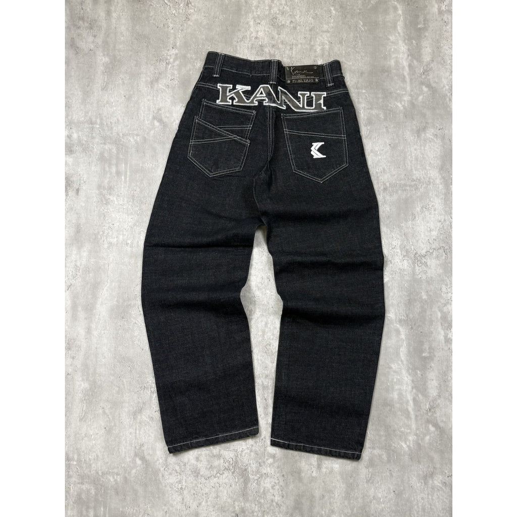 Vintage Y2K Womens Kani Embroidered Spellout Black Wash Denim Pants Size 29