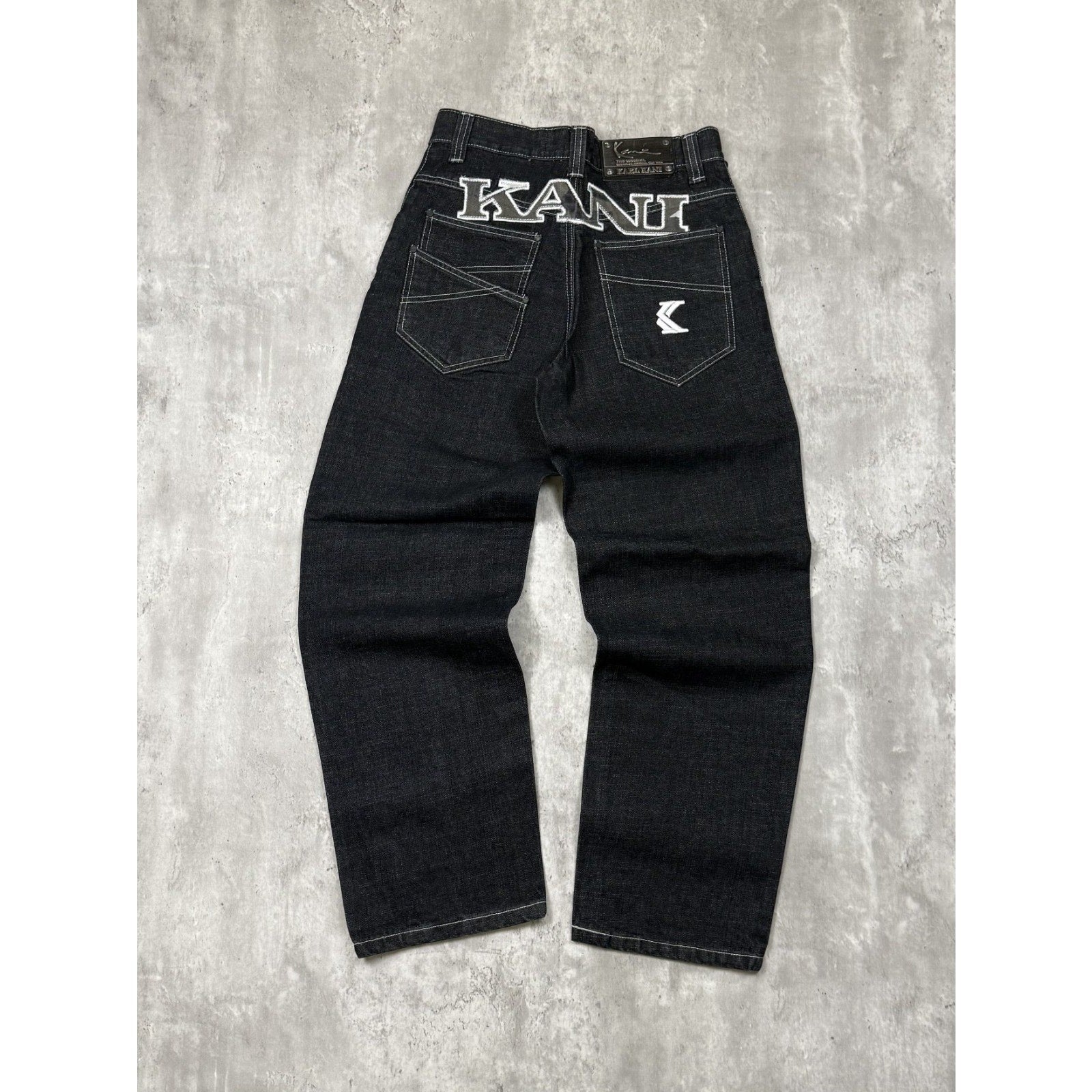 Vintage Y2K Womens Kani Embroidered Spellout Black Wash Denim Pants Size 29