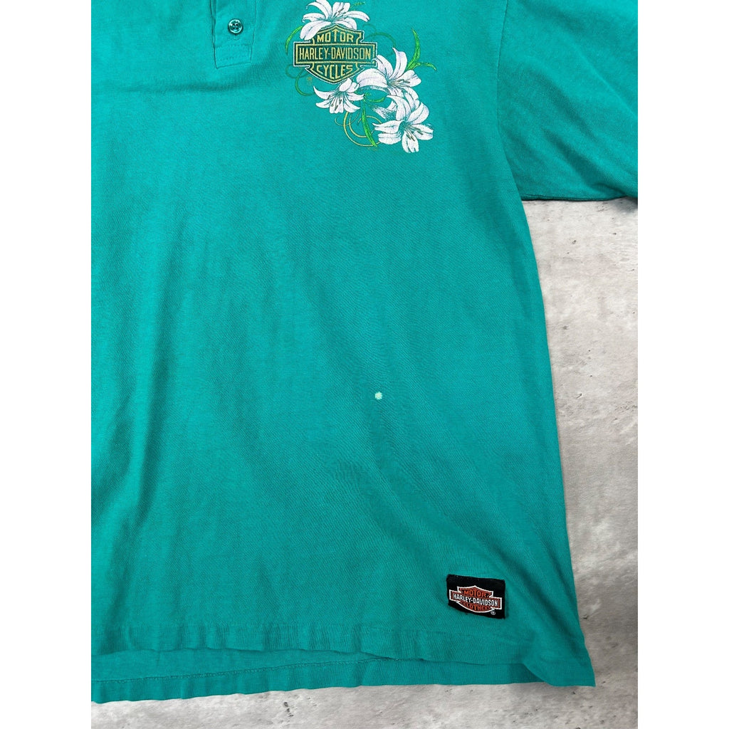Vintage 90s Harley Davidson Floral Classic Logo Graphic 1/4 Button T-Shirt Sz L