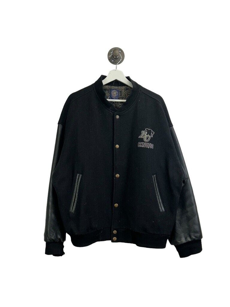 Vintage 90s BC Lions CFL CKNW-98 Embroidered Bomber Jacket Size Large Black