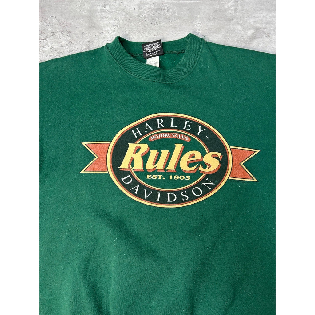 Vintage 90s Harley Davidson Rules Spellout Graphic Green Sweatshirt Size Large