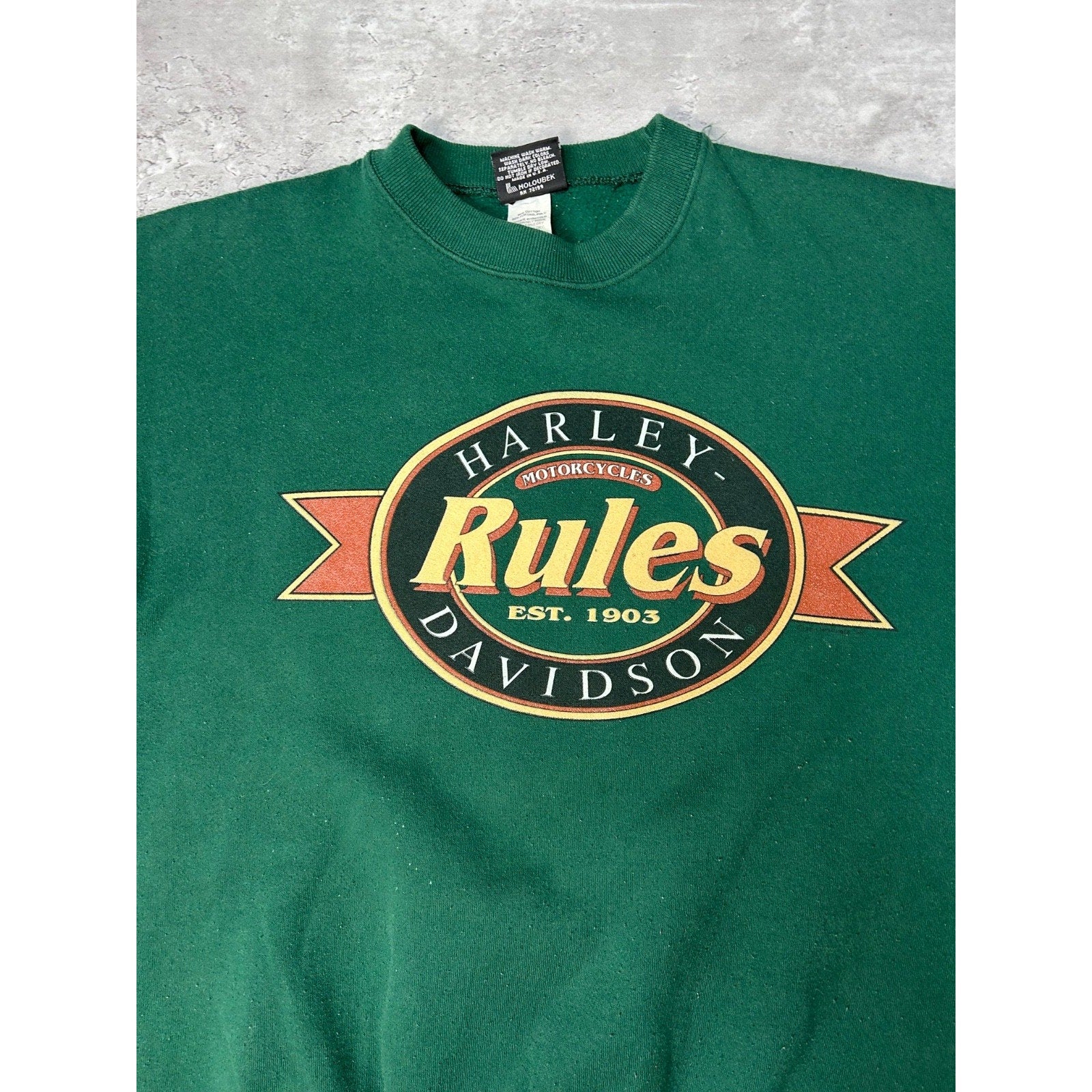 Vintage 90s Harley Davidson Rules Spellout Graphic Green Sweatshirt Size Large