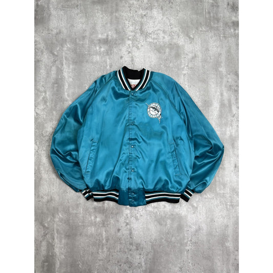 Vintage 90s Florida Marlins MLB Logo Graphic Satin Bomber Jacket Size Large